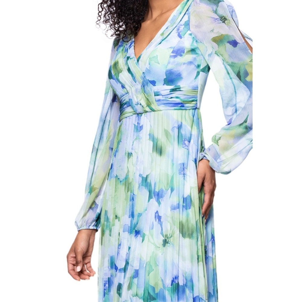 Betsy & Adam Women's Blue Floral-Print Pleated Gown Dress SZ:12 - Picture 4 of 5